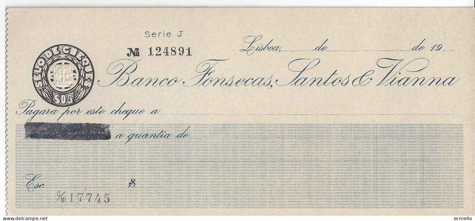 PORTUGAL CHEQUE CHECK BANCO FONSECAS, SANTOS & VIANNA, 1950'S. - Assegni & Assegni Di Viaggio