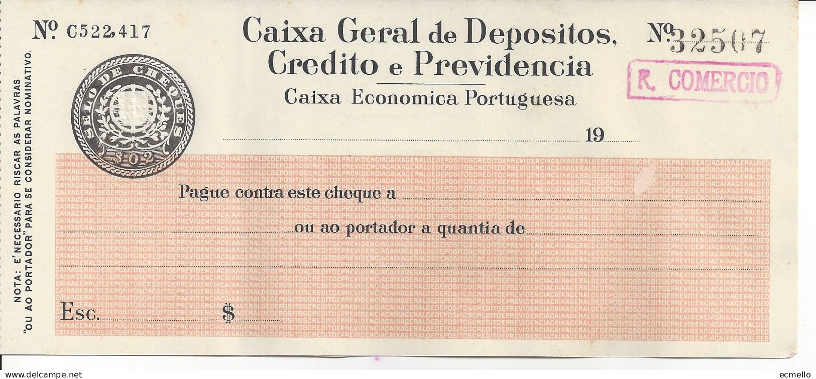 PORTUGAL CHEQUE CHECK BANCO CAIXA GERAL DE DEPÓSITOS, ECONÔMICA PORTUGUESA, 1930'S. SCARCE - Cheques En Traveller's Cheques