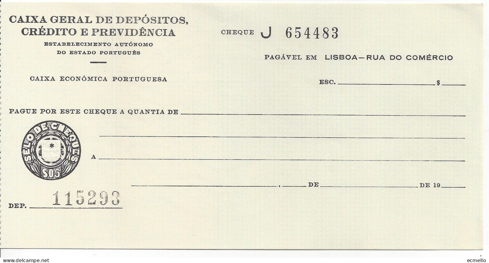 PORTUGAL CHEQUE CHECK BANCO CAIXA GERAL DE DEPÓSITOS, ECONÔMICA PORTUGUESA, 1950'S. VD - Chèques & Chèques De Voyage