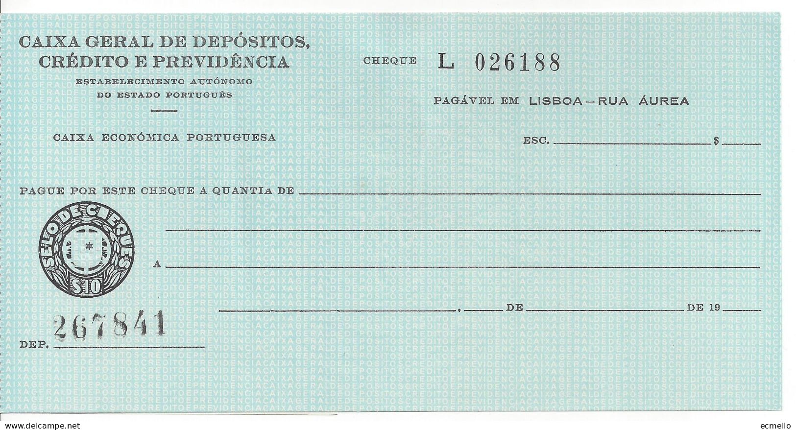 PORTUGAL CHEQUE CHECK BANCO CAIXA GERAL DE DEPÓSITOS, ECONÔMICA PORTUGUESA, 1950'S. AZUL - Cheques & Traveler's Cheques