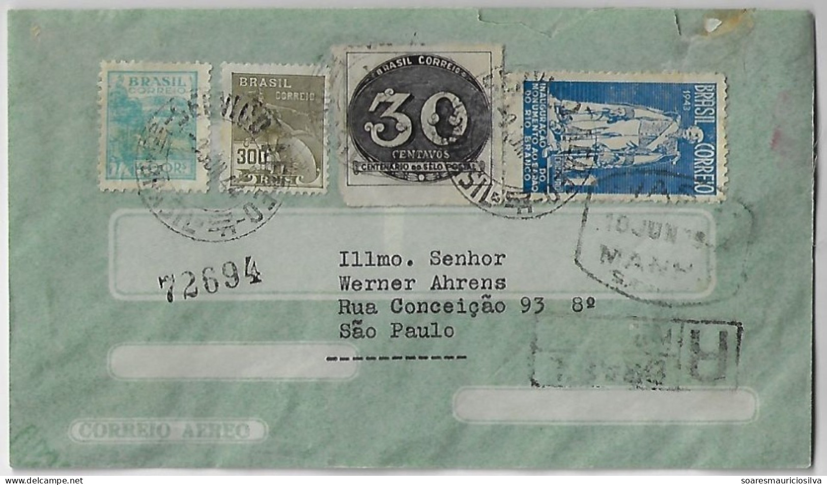 Brazil 1944 Airmail Cover From Rio De Janeiro To São Paulo By Viação Aérea São Paulo VASP Urgent Service Label - Aéreo (empresas Privadas)