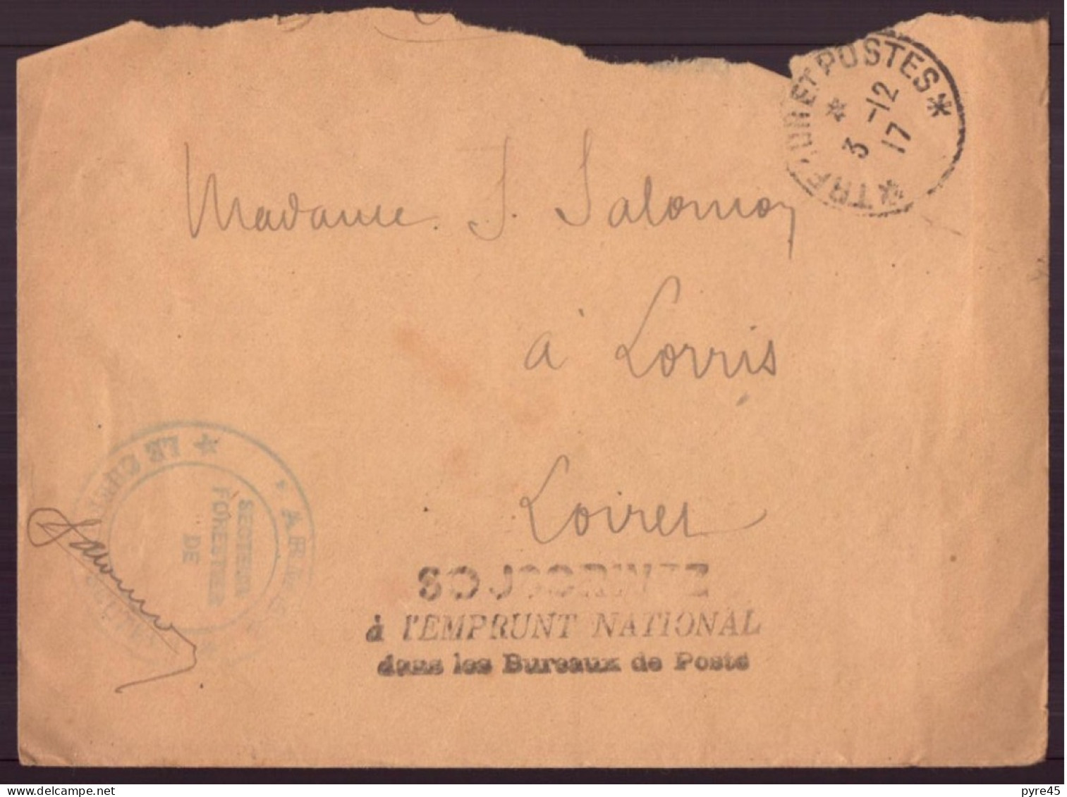 France, Enveloppe , Franchise Militaire Du 3 Décembre 1917 Pour Lorris - Sonstige & Ohne Zuordnung