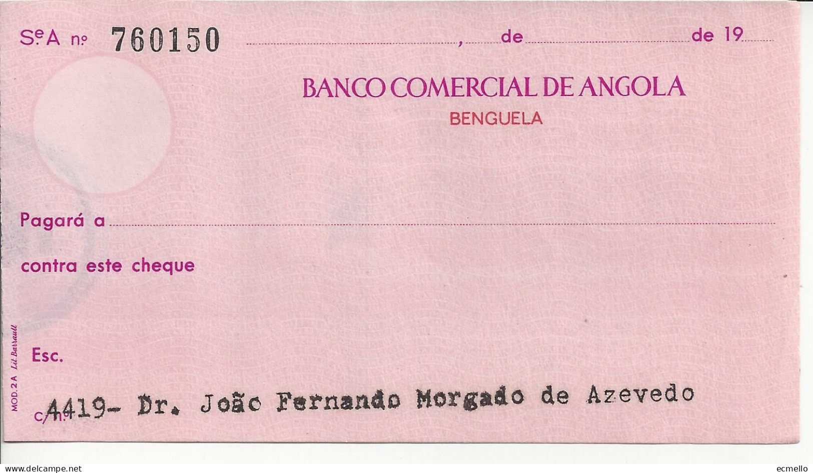 PORTUGAL ANGOLA CHEQUE CHECK BANCO COMERCIAL DE ANGOLA, BENGUELA, 1960'S SCARCE - Cheques & Traveler's Cheques