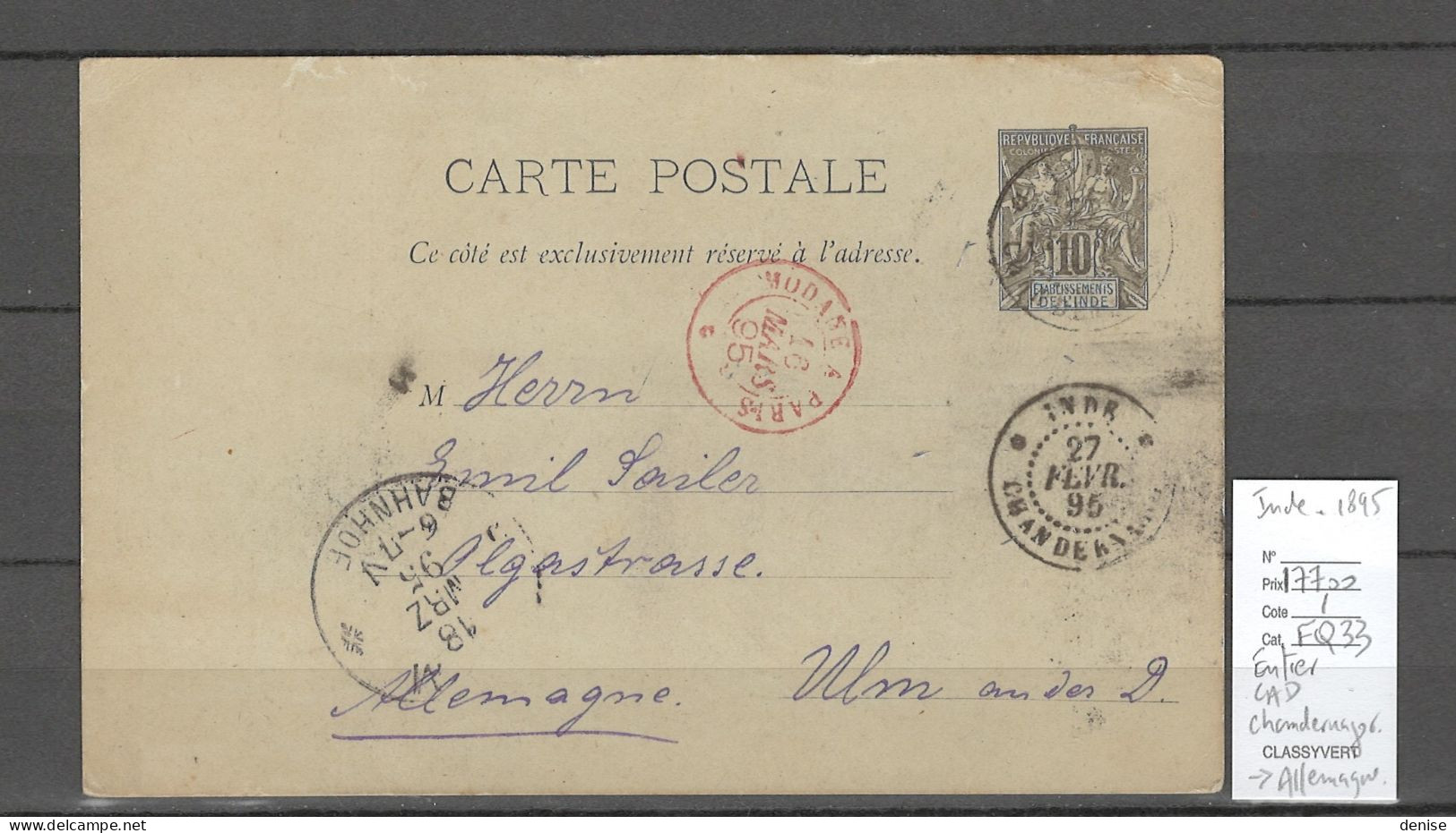 Inde Française - Entier 10cts - Cachet De CHANDERNAGOR - 1895 - - Lettres & Documents