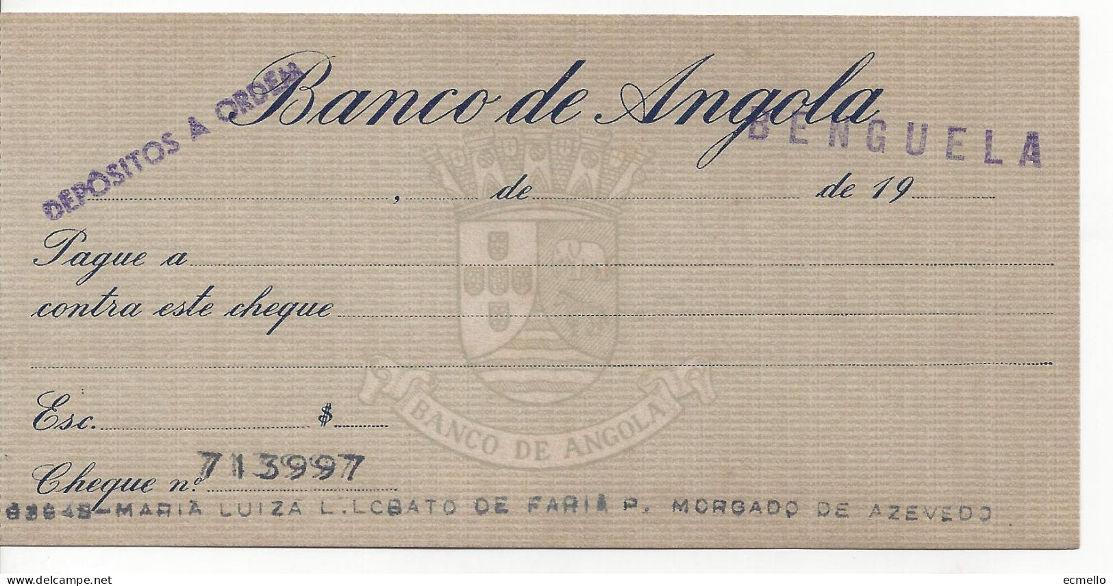 PORTUGAL ANGOLA CHEQUE CHECK BANCO DE ANGOLA, BENGUELA, 1950'S SCARCE - Cheques En Traveller's Cheques