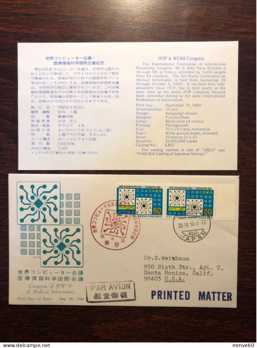 JAPAN FDC COVER 1980 YEAR MEDICAL INFORMATION AND COMMUNICATION HEALTH MEDICINE STAMPS - FDC