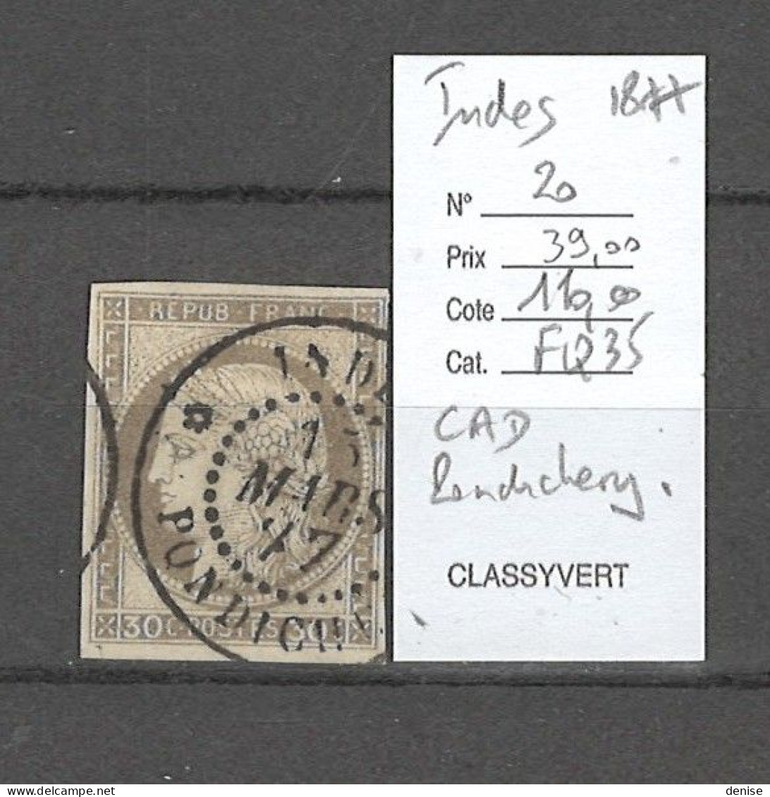 Inde Française - Yvert 20 - Cachet à Date De PONDICHERY- 1877 - Ceres