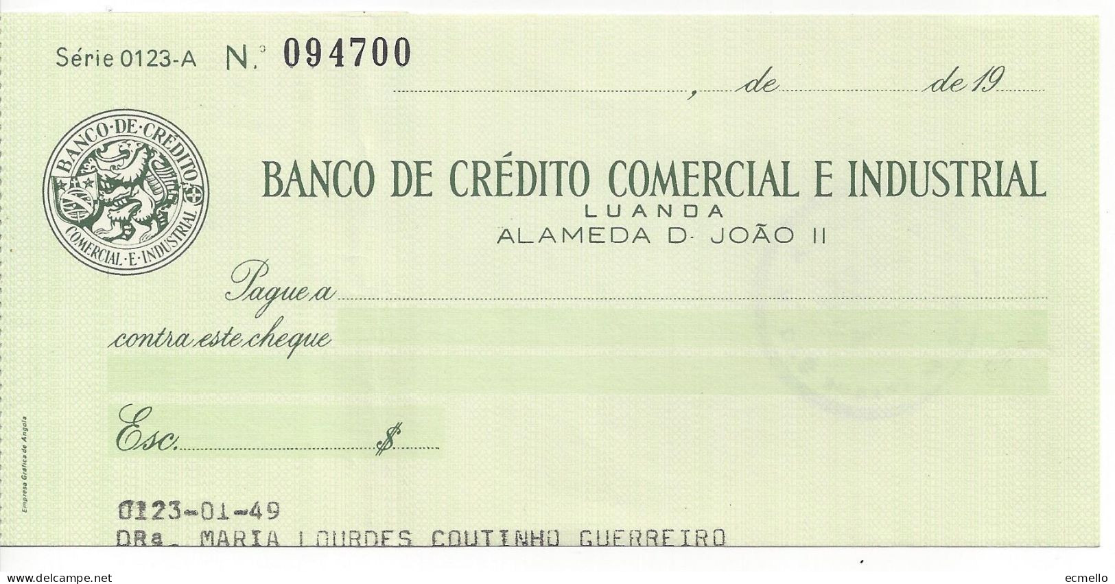 PORTUGAL ANGOLA CHEQUE CHECK BANCO DE CRÉDITO COMERCIAL E INDUSTRIAL, LUANDA, 1970'S - Chèques & Chèques De Voyage