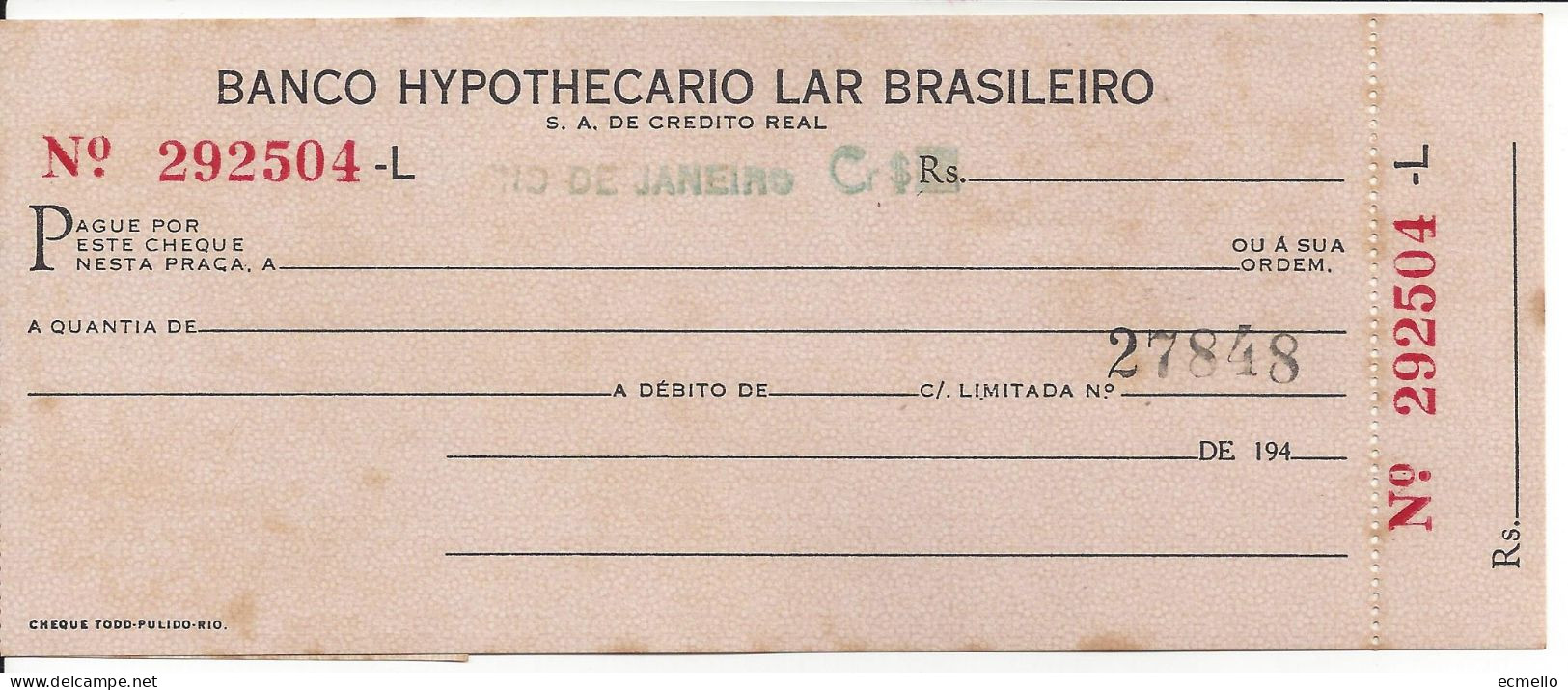 BRAZIL CHEQUE CHECK BANCO HIPOTECARIO LAR BRASILEIRO, RIO, 1940'S EM RÉIS - Cheques En Traveller's Cheques