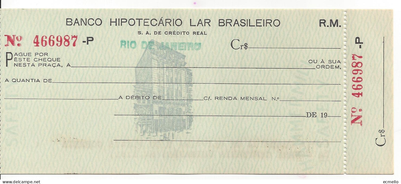 BRAZIL CHEQUE CHECK BANCO HIPOTECARIO LAR BRASILEIRO, RIO, 1950'S BUILDING VIGNETTE VD - Cheques & Traveler's Cheques