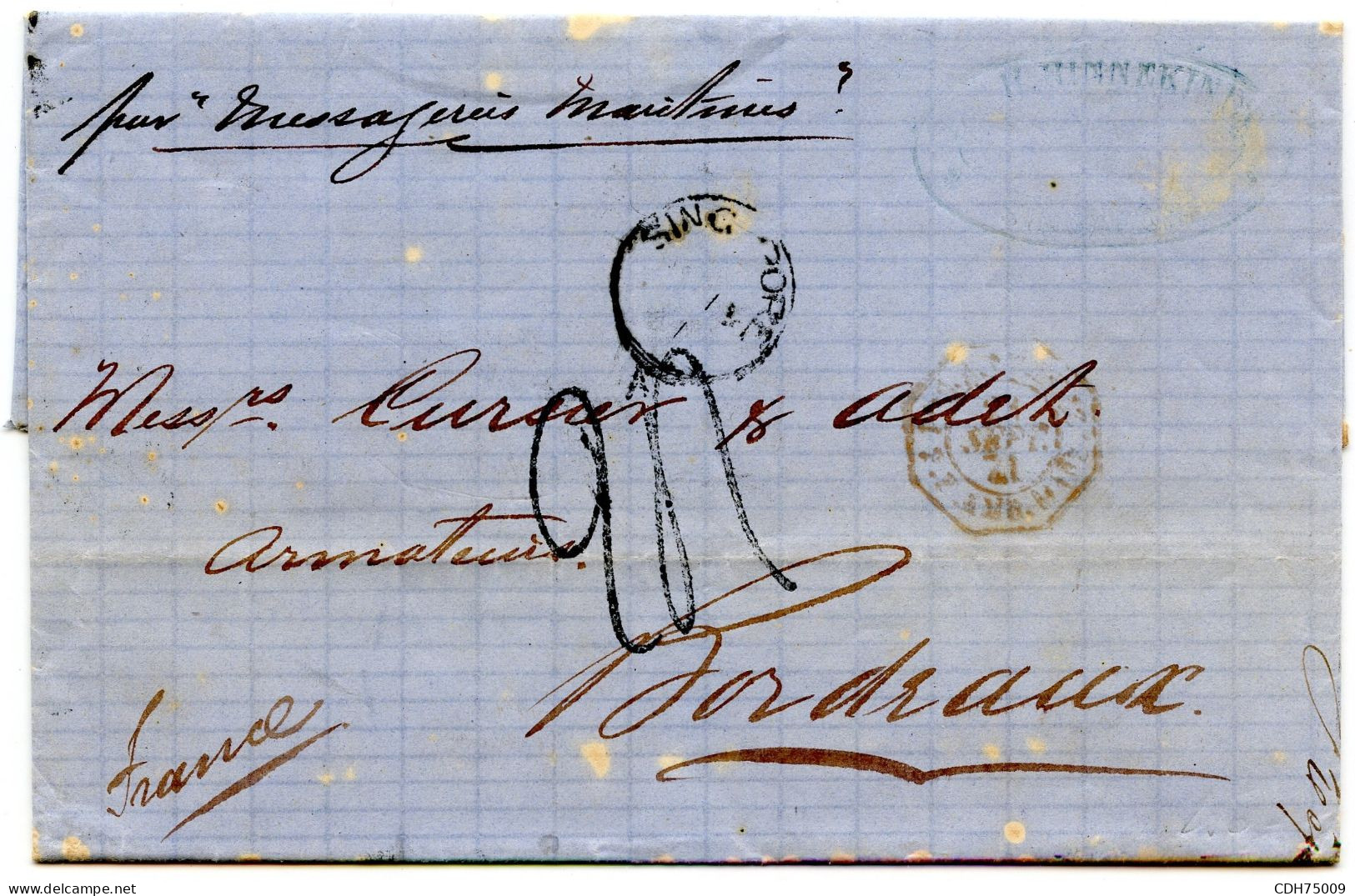 SINGAPOUR - LETTRE DE SINGAPOUR POUR BORDEAUX, 1871 - Singapore (1959-...)