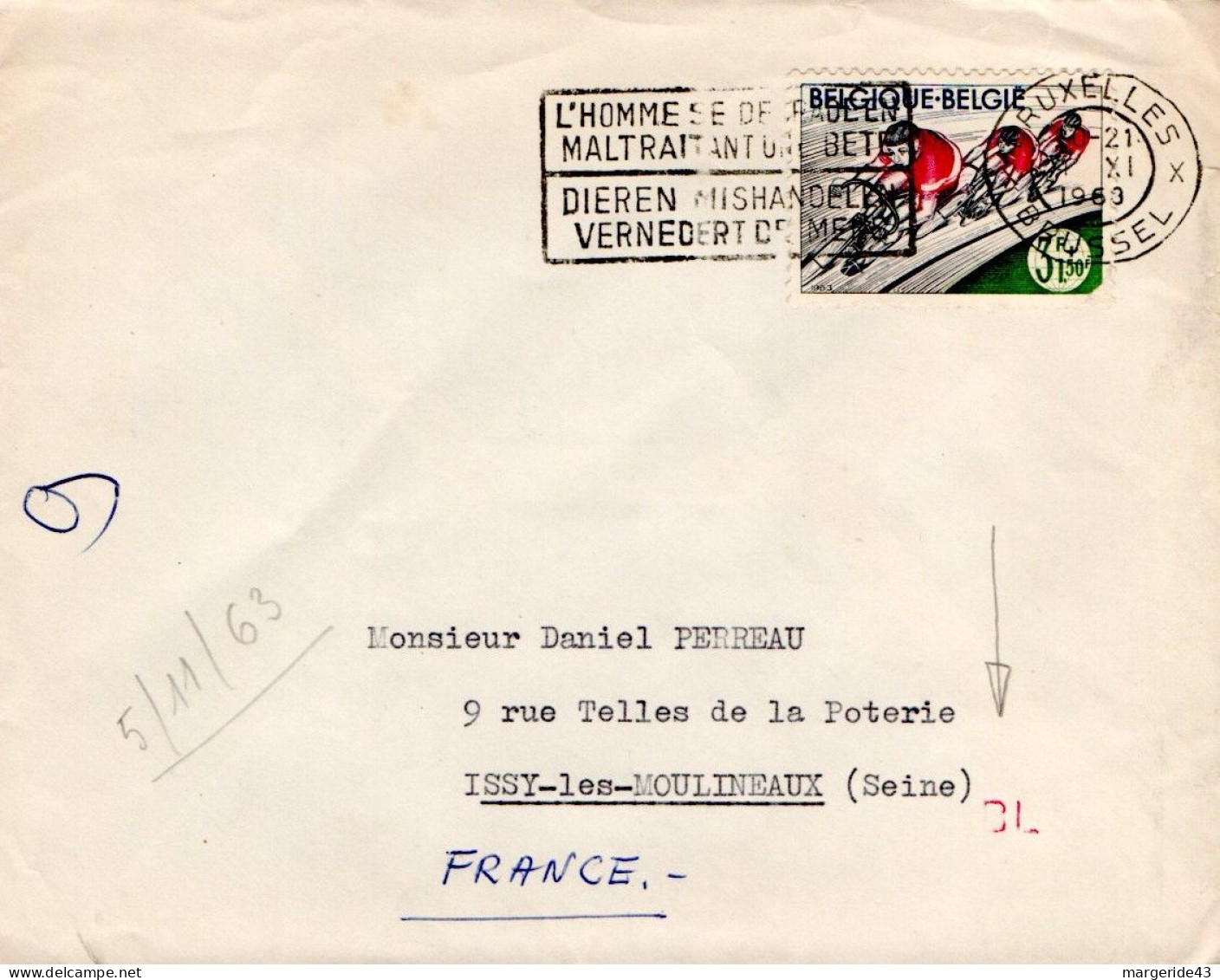 BELGIQUE SEUL SUR LETTRE POUR LA FRANCE 1963 - Briefe U. Dokumente