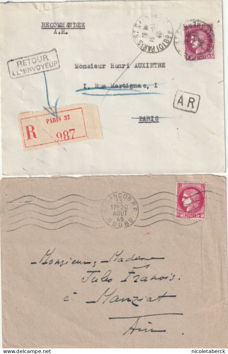 Cérès N°373 Seul Sur Lettre  + 376 Sur Recommandée AR Retour à L'envoyeur (contrôle). Les 2 - 1945-47 Cérès Van Mazelin