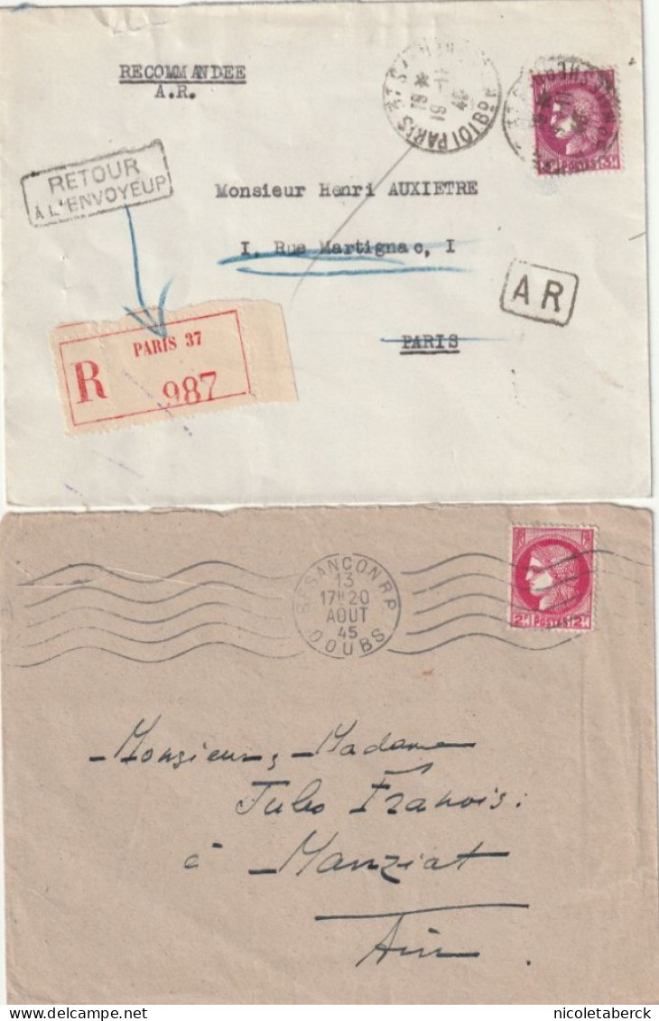 Cérès N°373 Seul Sur Lettre  + 376 Sur Recommandée AR Retour à L'envoyeur (contrôle). Les 2 - 1945-47 Ceres Of Mazelin