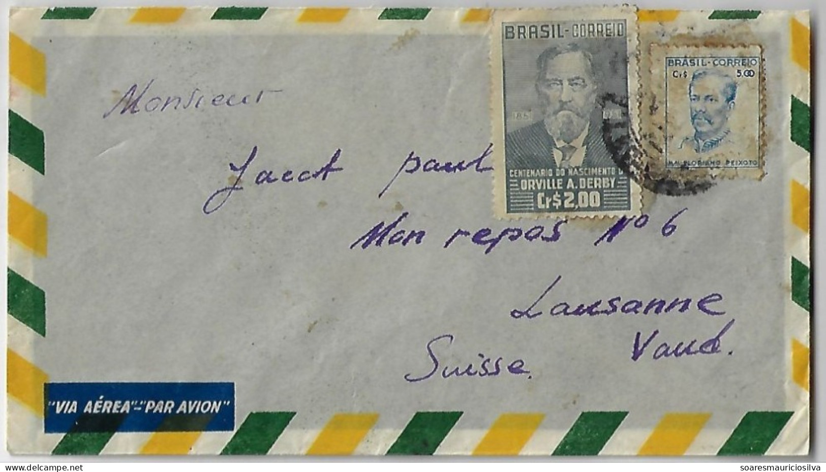 Brazil 1951 Cover Sent To Lausanne Switzerland Cancel Erechim + Airmail Stamp Orville Adalbert Derby & Floriano Peixoto - Storia Postale