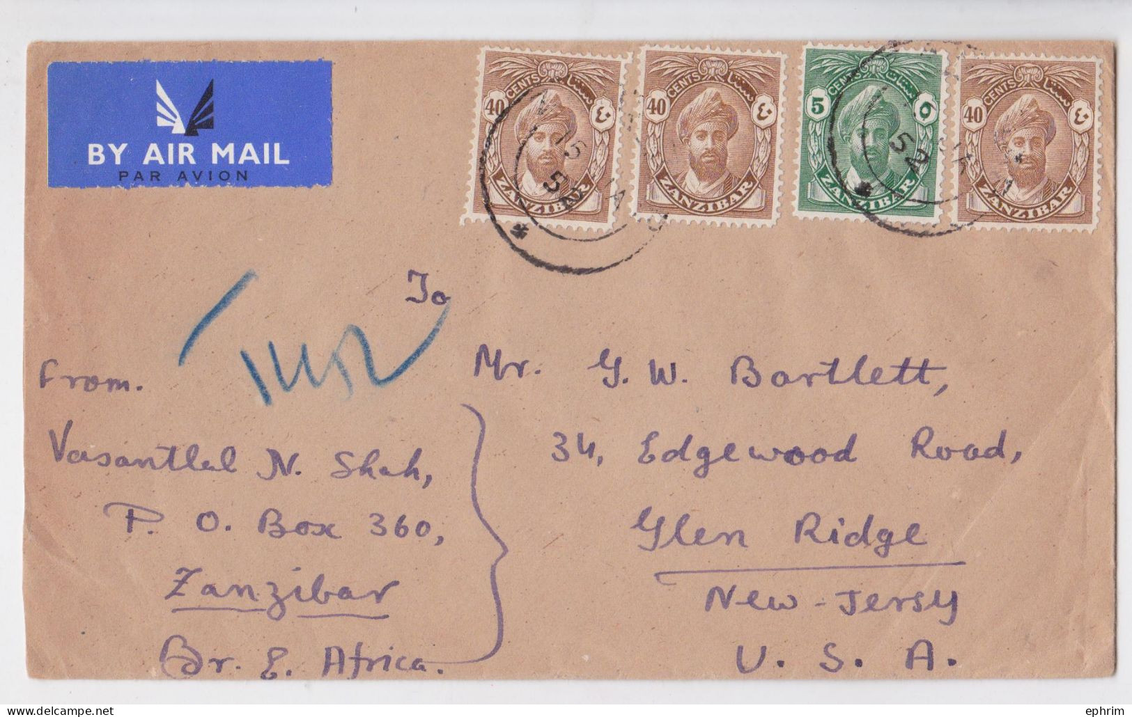 British Zanzibar Lettre Timbre Stamp Air Mail Cover 1952 - Zanzibar (...-1963)