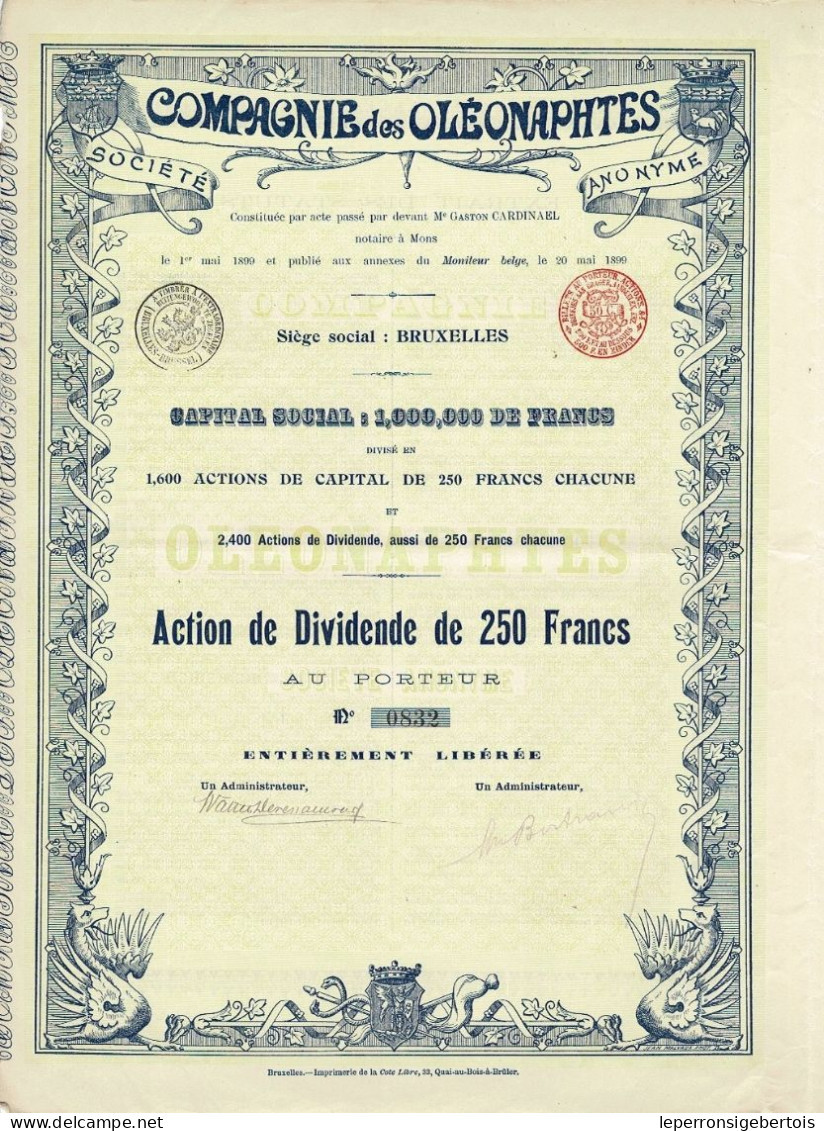 - Titre De 1899 - Compagnie Des Oléonaphtes - Société Anonyme - N°0835 - Aardolie