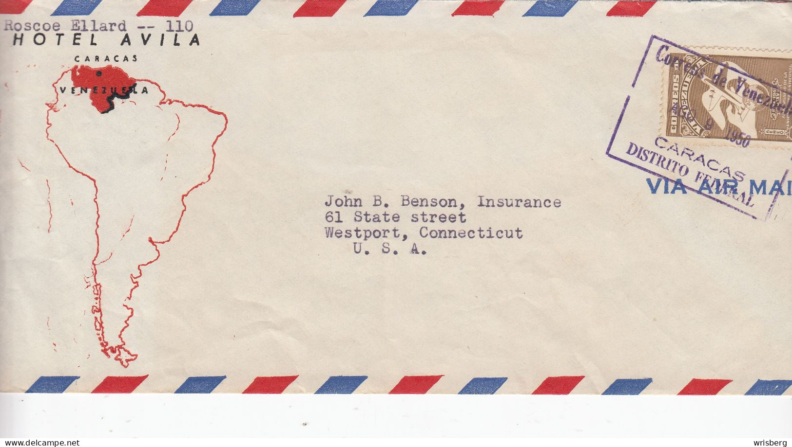 ENV. AFFR. Y&T 280  OBL. CARACAS Du 9.8.1950 Adressée à WESTPORT CONN. (U.S.A.) - Venezuela