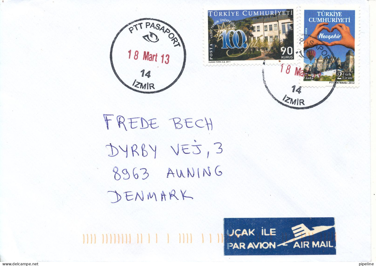 Turkey Cover Sent Air Mail To Denmark 18-3-2013 Topic Stamps - Covers & Documents