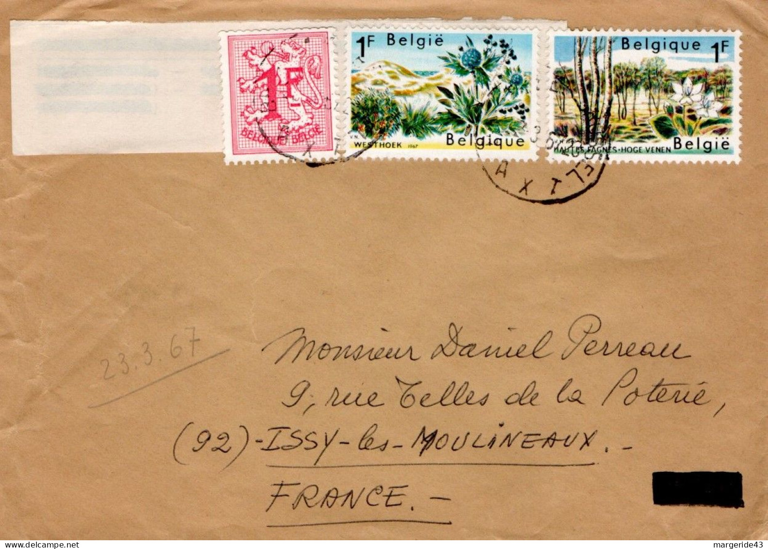 BELGIQUE AFFRANCHISSEMENT COMPOSE SUR LETTRE POUR LA FRANCE 1967 - Storia Postale