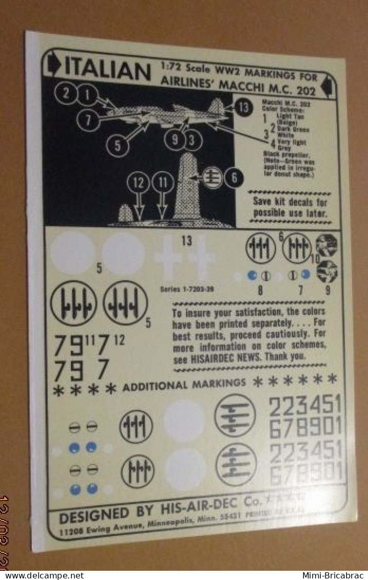 DEC24 : RARE Planche De Décals 1/72e  HISAIRDEC Marquages Pour MACCHI MC 202 ITALIEN - Airplanes