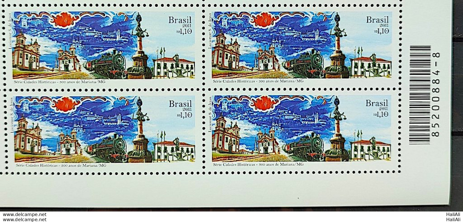 C 3083 Brazil Stamp Historic Cities Mariana Church Train 2011 Block Of 4 Bar Code - Nuevos