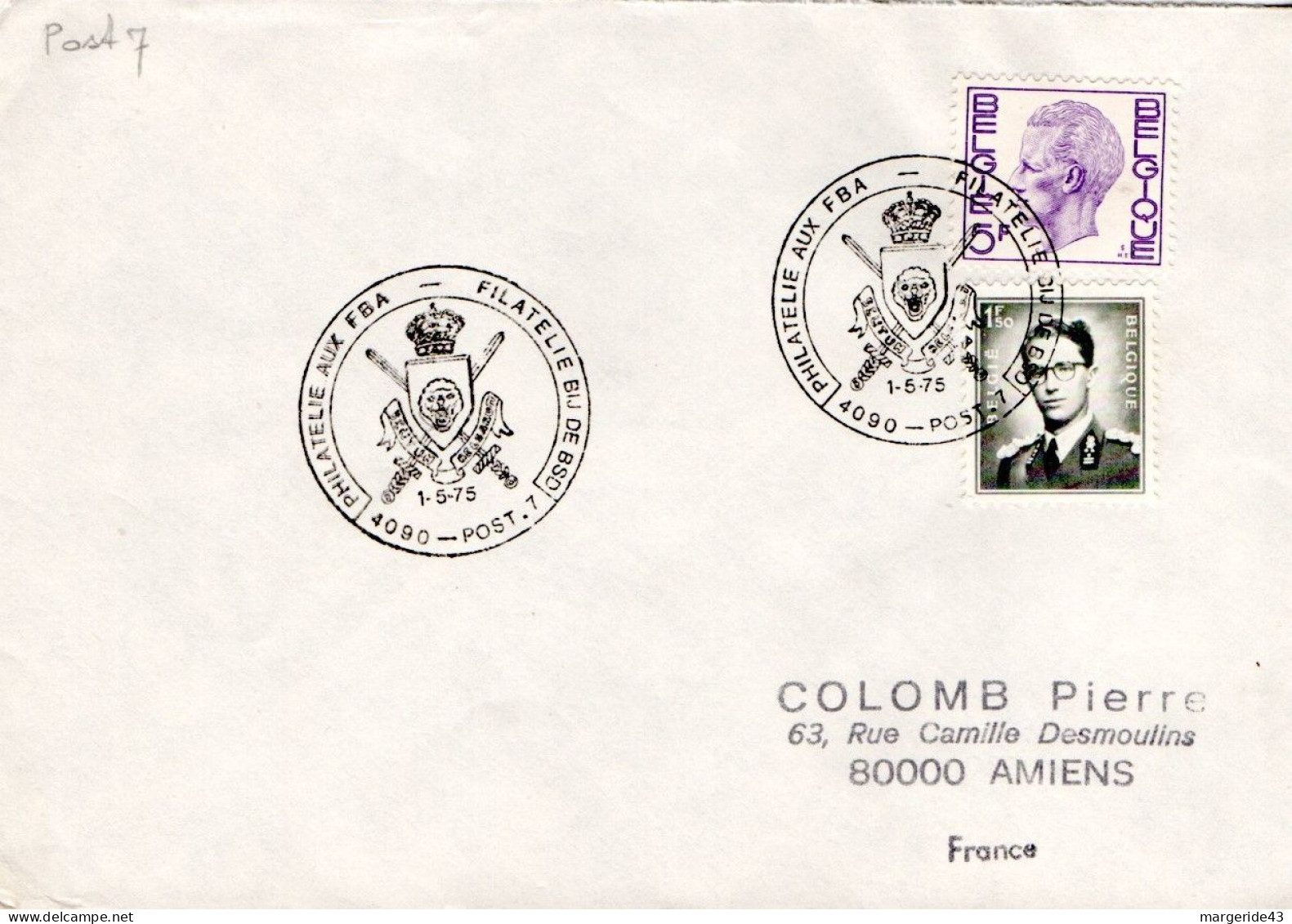 BELGIQUE OBLITERATION PHILATELIE AUX FBA POUR LA FRANCE 1975 - Storia Postale