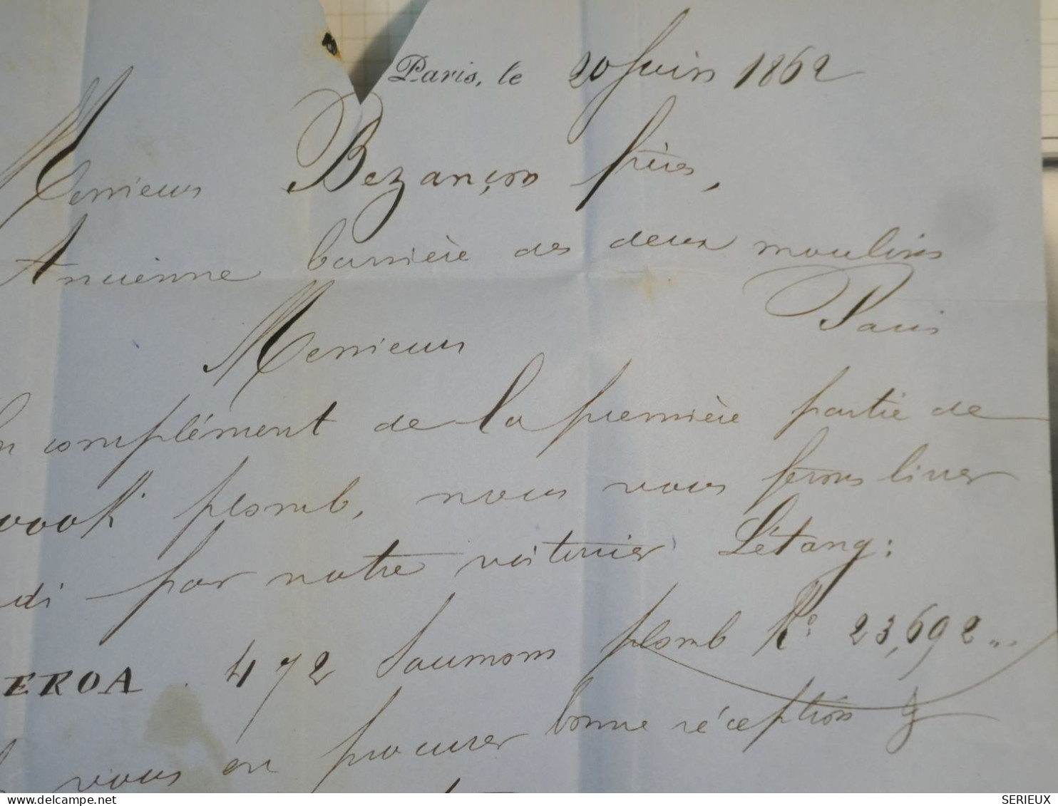 DK2 FRANCE BELLE  LETTRE RARE 1862  PARIS + N°21 PERCé EN LIGNES  .+VU BEHR.DISPERSION DE COLLECTION+ - 1853-1860 Napoleon III