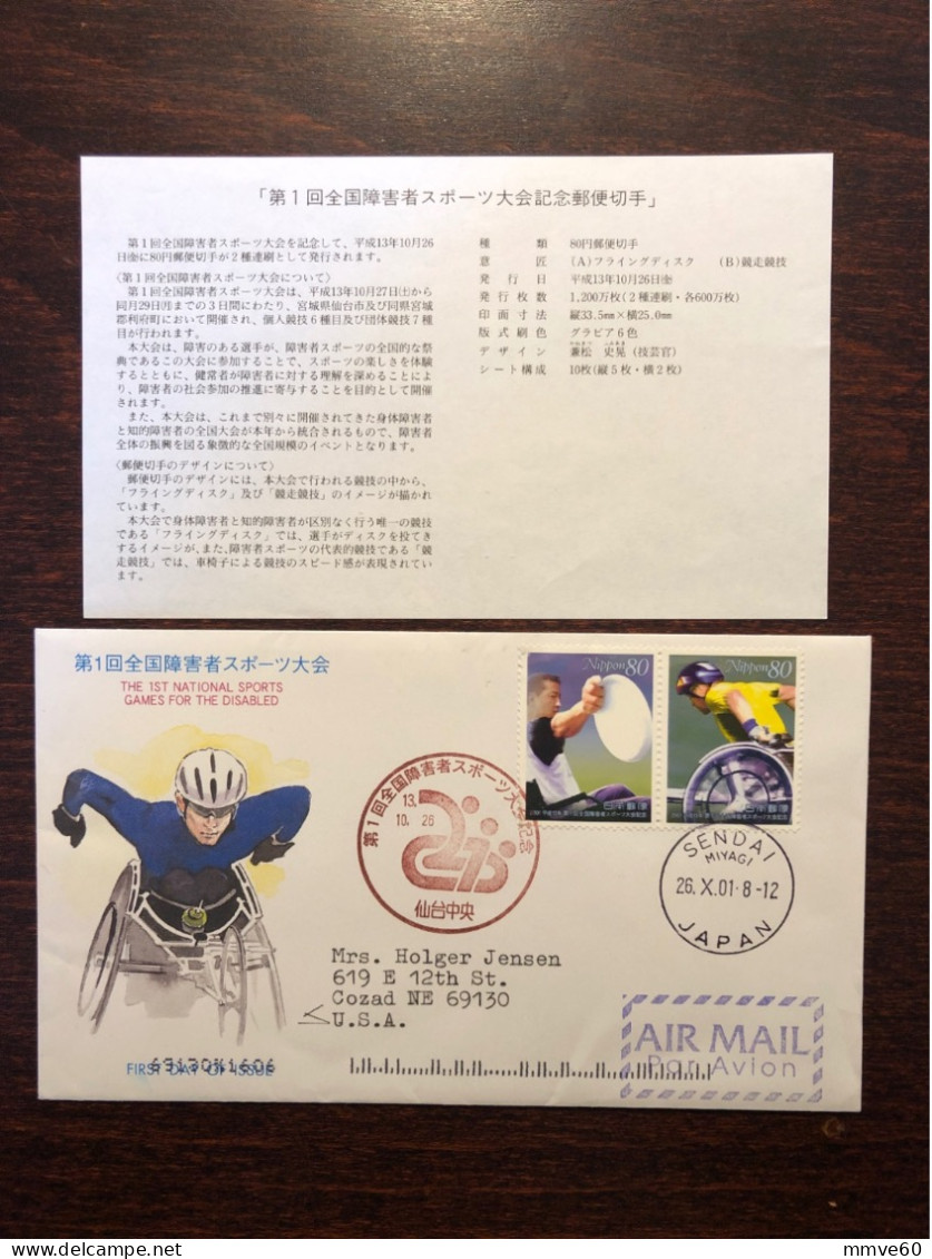 JAPAN FDC COVER 2001 YEAR DISABLED PEOPLE IN SPORTS HEALTH MEDICINE STAMPS - FDC