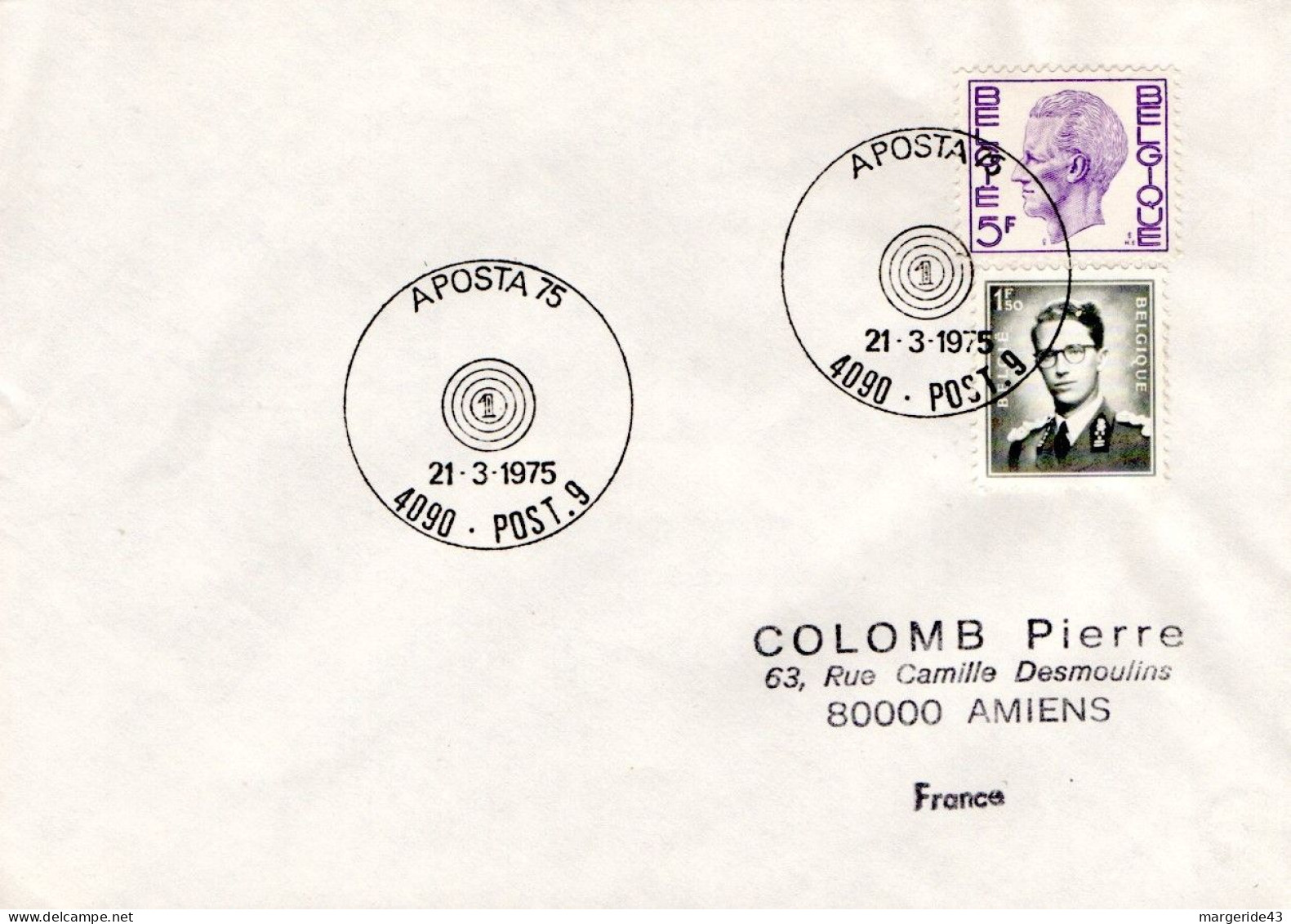 BELGIQUE OBLITERATION EXPO APOSTA SUR LETTRE POUR LA FRANCE 1975 - Storia Postale