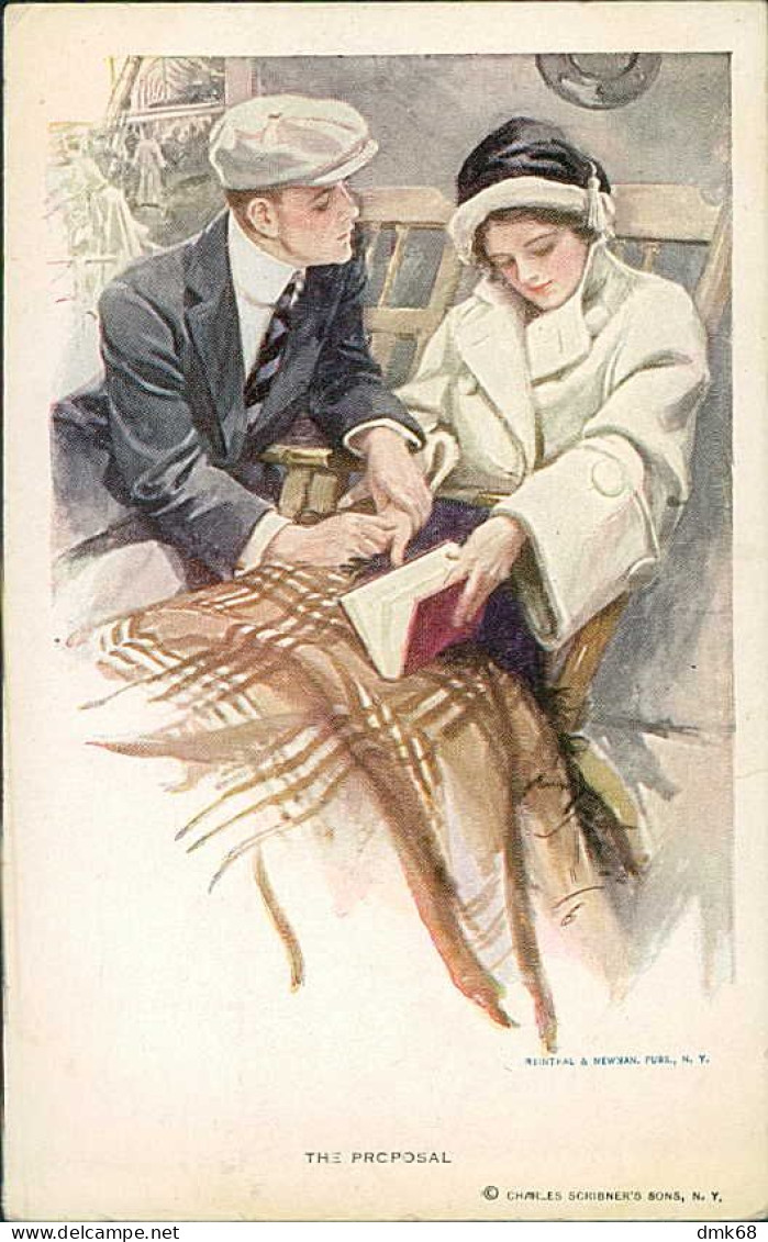 HARRISON FISHER SIGNED 1917 POSTCARD - COUPLE - THE PROPOSAL - PUB BY REINTHAL & NEWMAN . N.186 (5312/2) - Fisher, Harrison