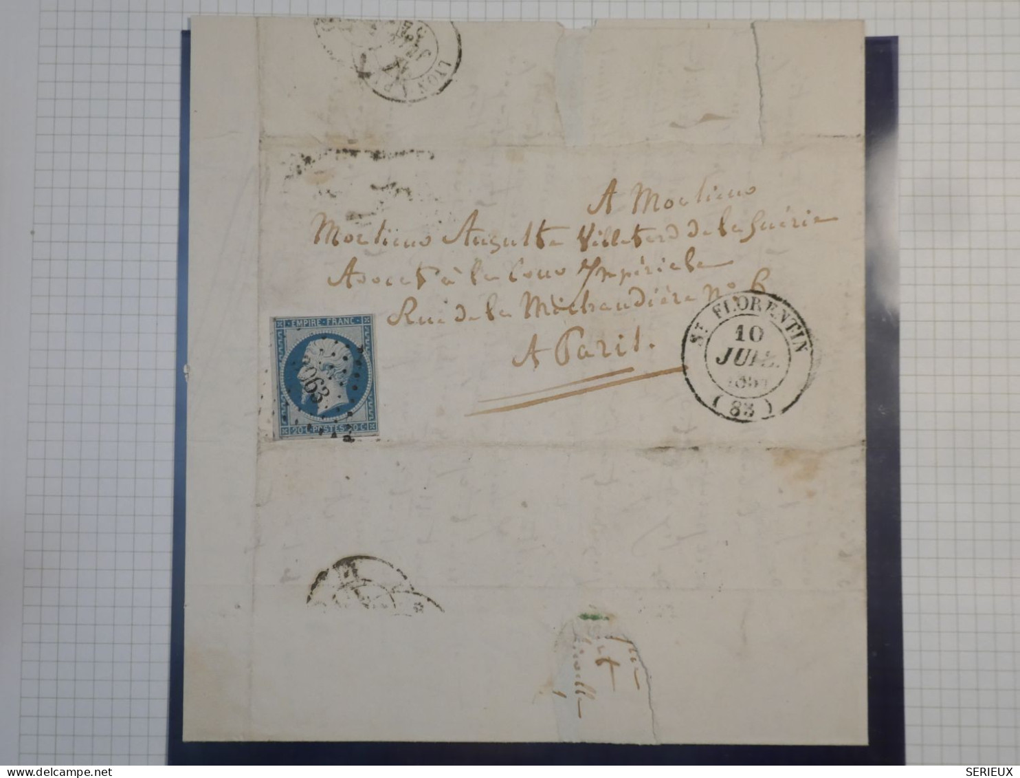 DK2 FRANCE BELLE  LETTRE RR 1854 PETIT BUREAU ST FLORENTIN A PARIS + N°14 BLEU LAITEUX+VU BEHR.DISPERSION DE COLLECTION+ - 1849-1876: Periodo Clásico