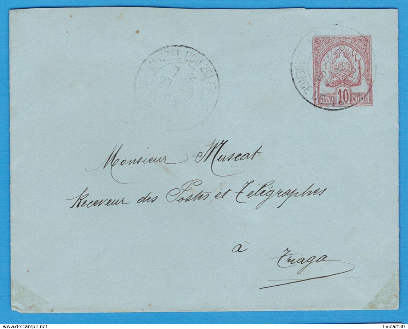 ENVELOPPE ENTIER POSTAL TUNISIE - 10 C. ROUGE - REGENCE DE TUNIS - OBLIT. MENZEL BOU ZELFA  1903 - TAMPON "HAIM GUEZ" - Briefe U. Dokumente