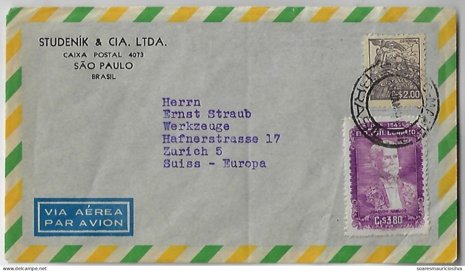 Brazil 1950 Commercial Cover Sent From São Paulo To Zurich Switzerland Airmail Stamp Joaquim Nabuco + 2 Definitive - Lettres & Documents