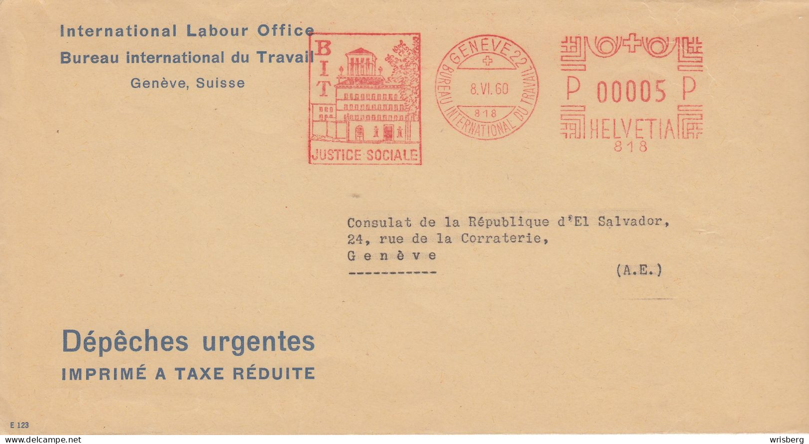 ENV. Du BIT AFFR. P 00005 P HELVETIA 818 OBL. GENEVE Du 8.6.1960 Adressée à GENEVE (CONSULAT EL SALVADOR) - Postage Meters