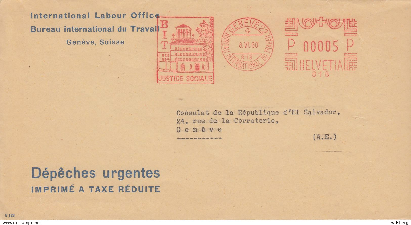 ENV. Du BIT AFFR. P 00005 P HELVETIA 818 OBL. GENEVE Du 8.6.1960 Adressée à GENEVE (CONSULAT EL SALVADOR) - Affranchissements Mécaniques