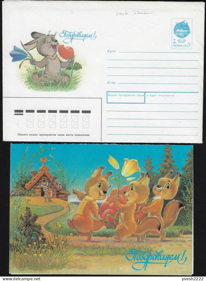 URSS 1990. Entier Postal & Sa Carte De Félicitations. Lapin Mangeant Une Fraise, écureuil Allant Chez Lui, Girouette Coq - Rabbits