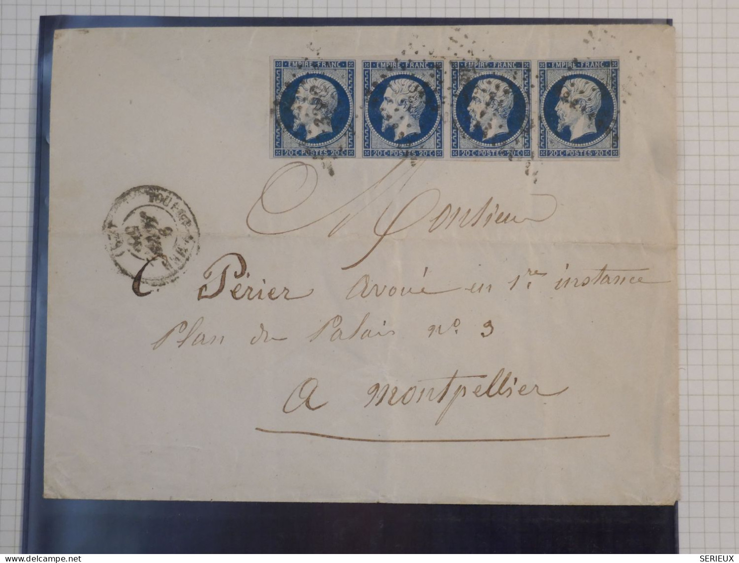 DK2 FRANCE BELLE  LETTRE RARE 10 1.1856 MONTPELLIER +BANDE DE 4 X N°14 BLEU NOIR +VU BEHR.DISPERSION DE COLLECTION+ - 1849-1876: Klassik