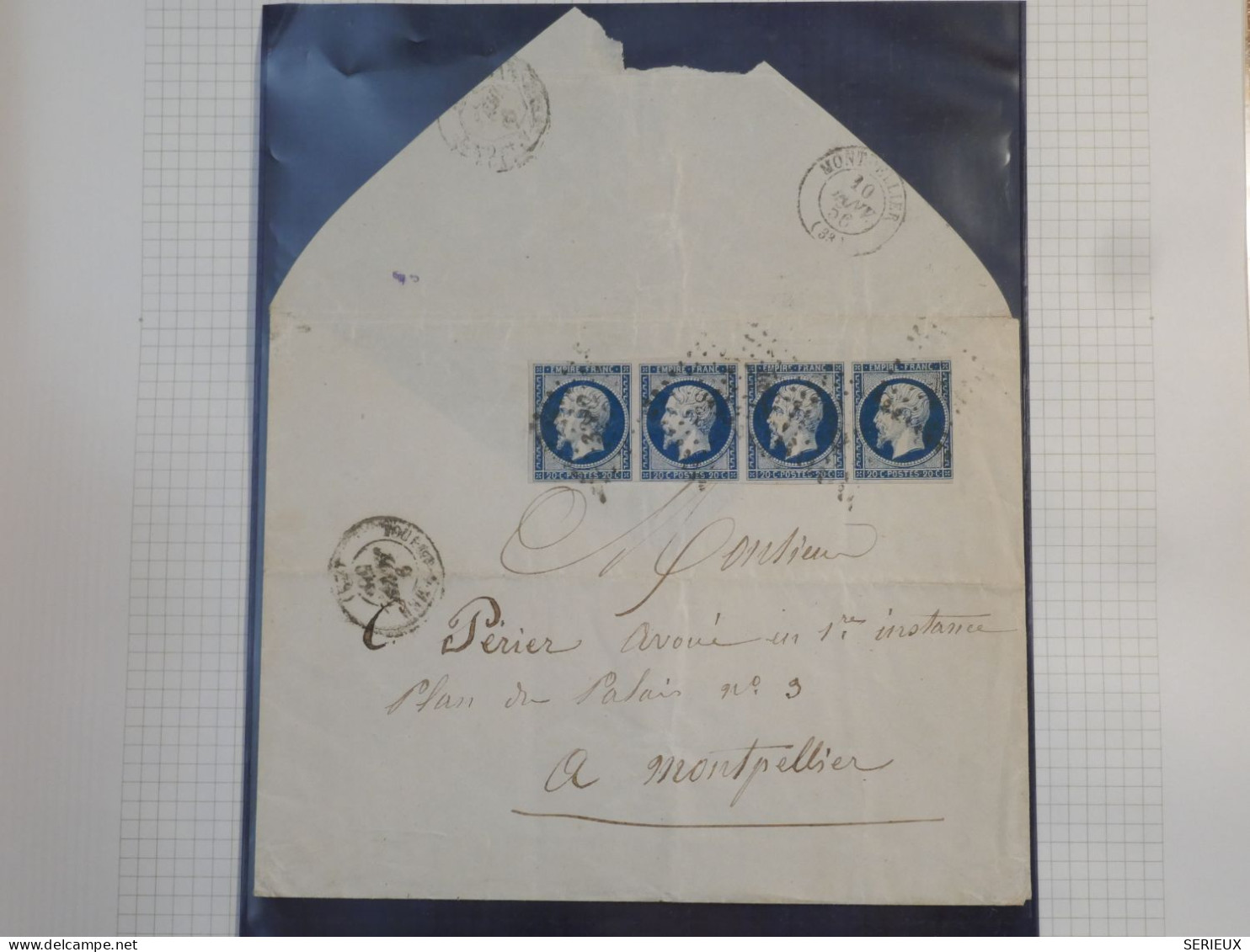 DK2 FRANCE BELLE  LETTRE RARE 10 1.1856 MONTPELLIER +BANDE DE 4 X N°14 BLEU NOIR +VU BEHR.DISPERSION DE COLLECTION+ - 1849-1876: Période Classique