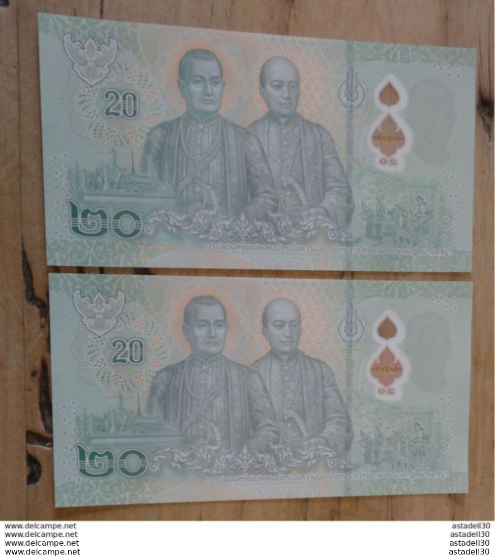 THAILANDE : 2 Billets Avec Numeros Se Suivant, Polymere, 20 Bath ................ CL-6-9 - Thaïlande