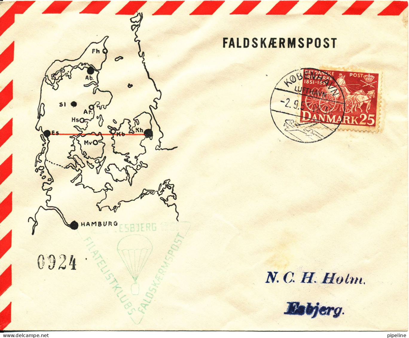 Denmark Air Mail Cover Parachute Mail Sent From Copenhagen To Esbjerg 2-9-1951 - Covers & Documents