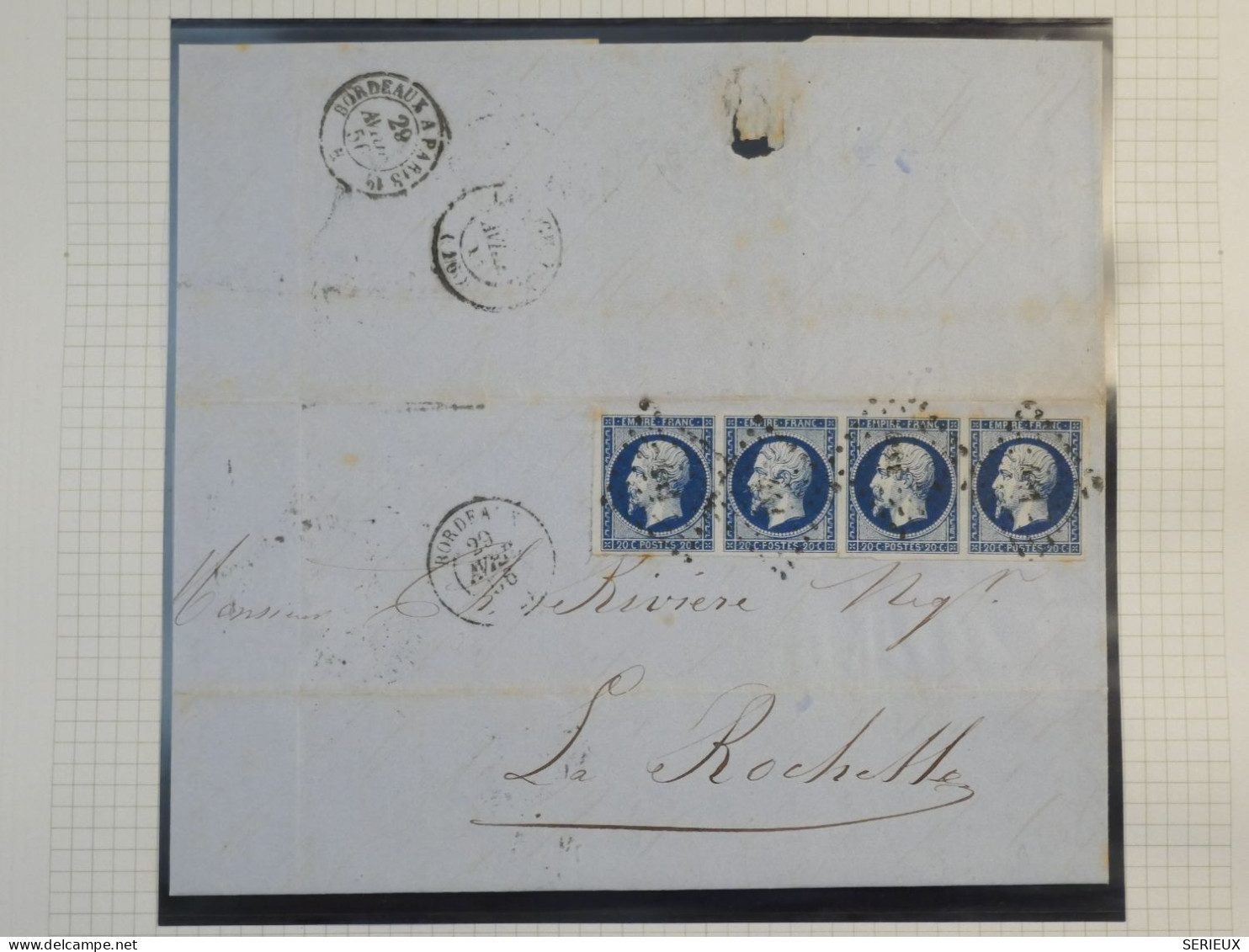 DK2 FRANCE BELLE  LETTRE RARE 1856 BORDEAUX A LA ROCHELLE+BANDE DE 4X N°14 BLEU NOIR +VU BEHR.DISPERSION DE COLLECTION++ - 1849-1876: Classic Period