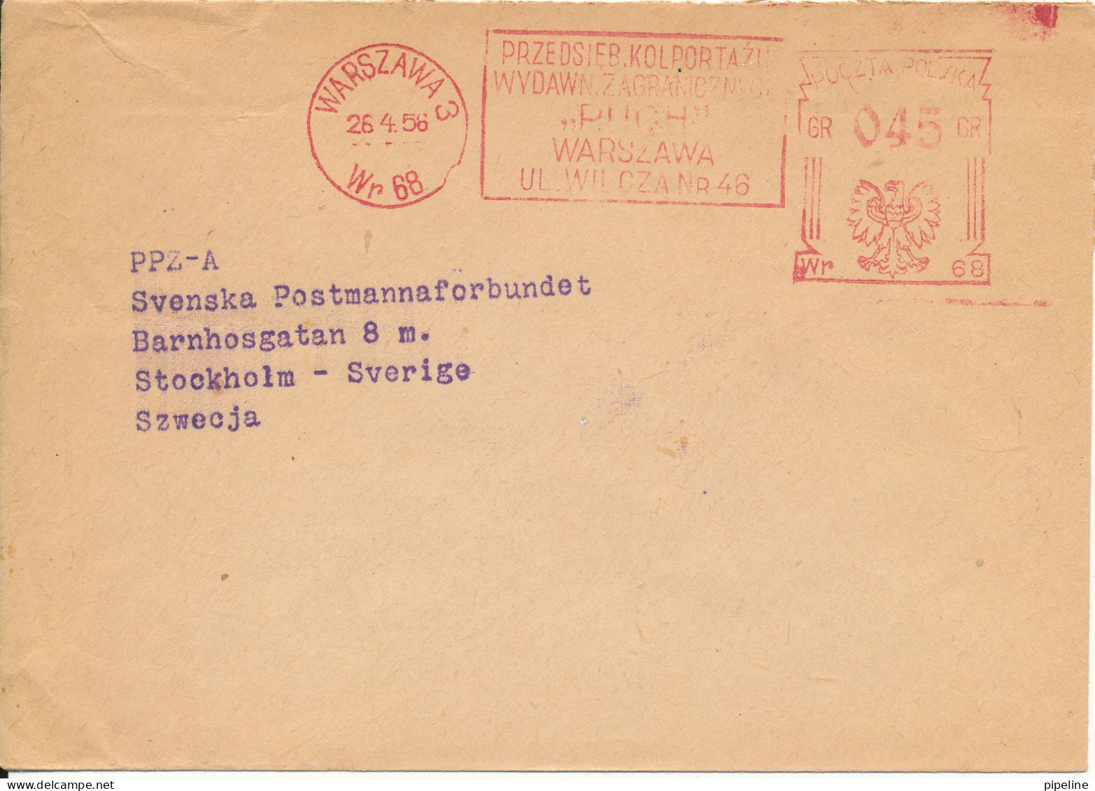 Poland Cover With Red Meter Cancel Warszawa Sent To Sweden 26-4-1956 - Cartas & Documentos