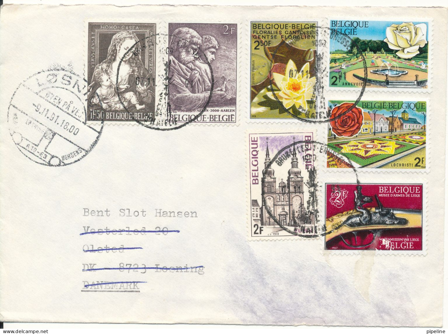 Belgium Cover Sent To Denmark 7-11-1991 With More Topic Stamps - Lettres & Documents