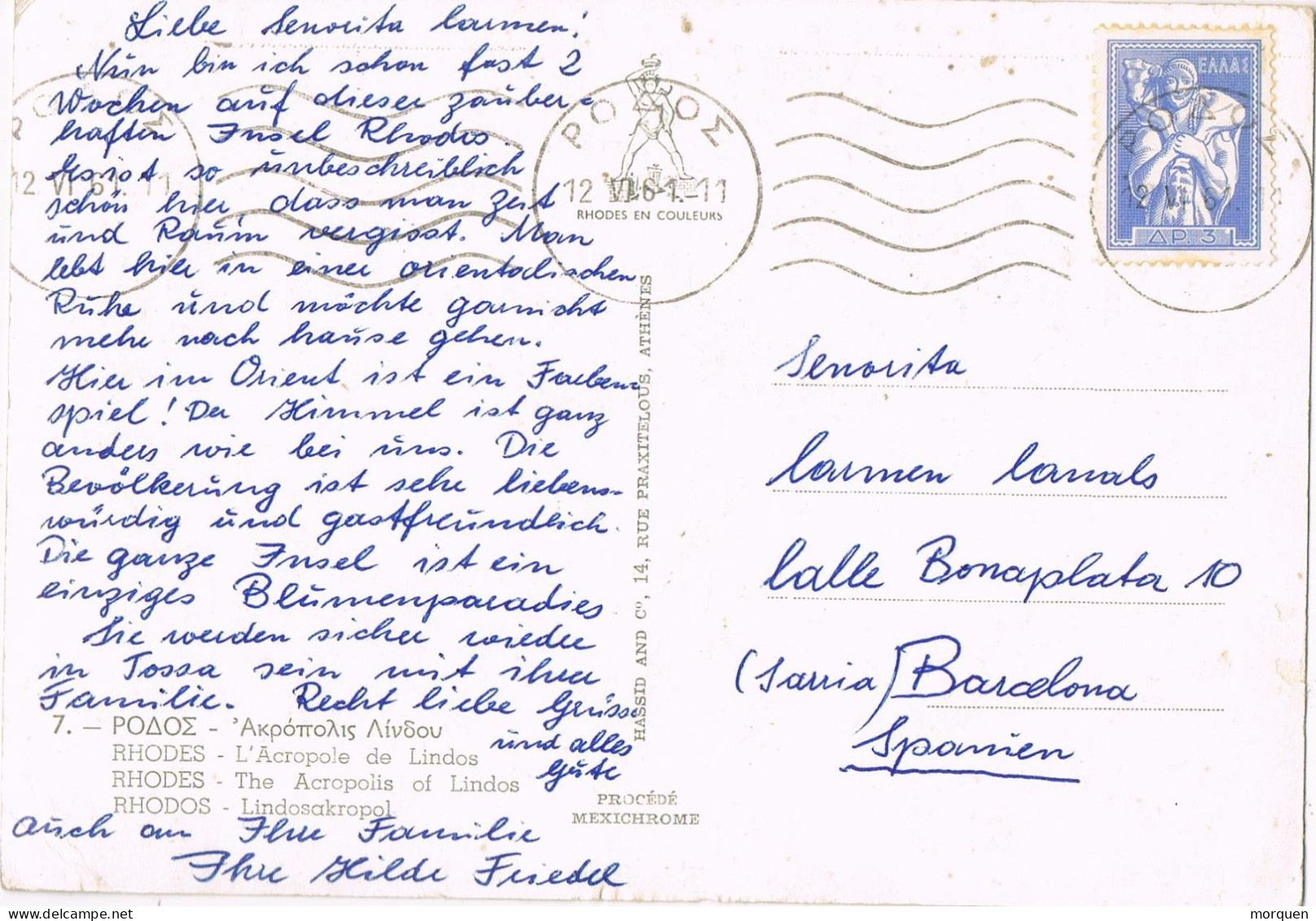 54340. Postal RODAS (Grecia) 1961. Vista De Acropolis De Lindos, Ruinas - Cartas & Documentos