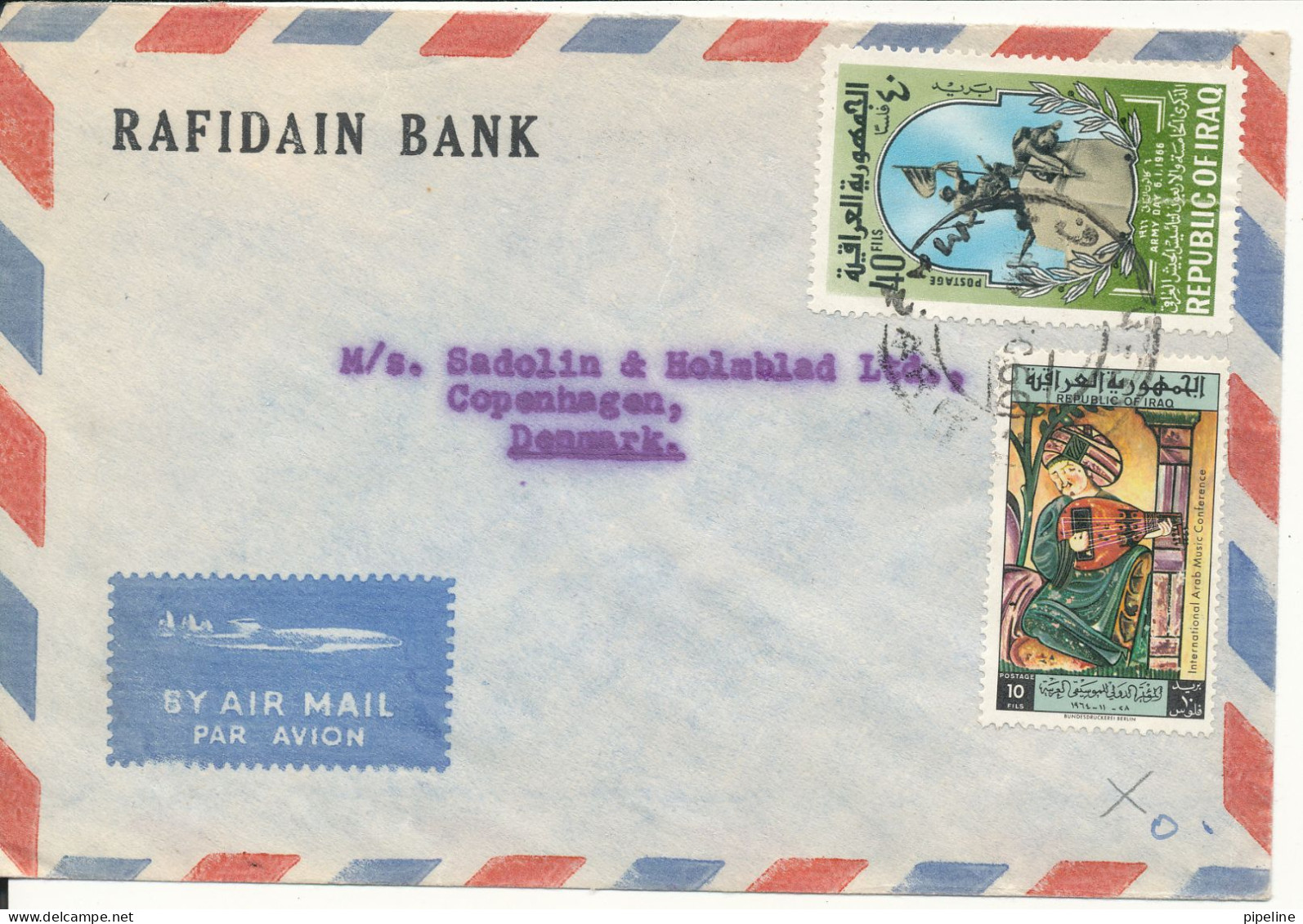 Iraq Air Mail Bank Cover Sent To Denmark Rafidan Bank Baghdad - Iraq