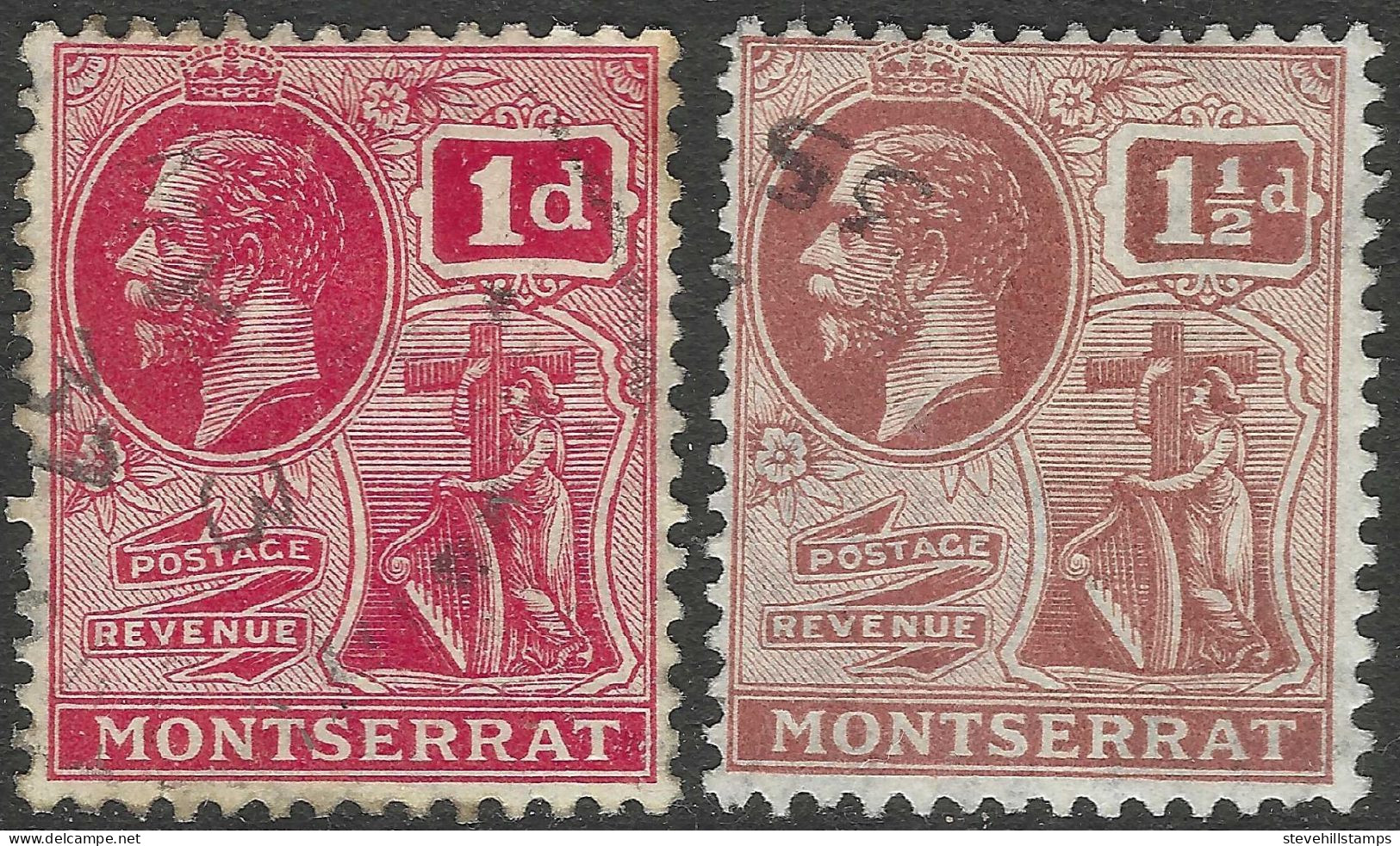 Montserrat. 1922-29 KGV. 1d Red Used. 1½d Brown Used. Mult Script CA W/M SG 66, 69. M3063 - Montserrat