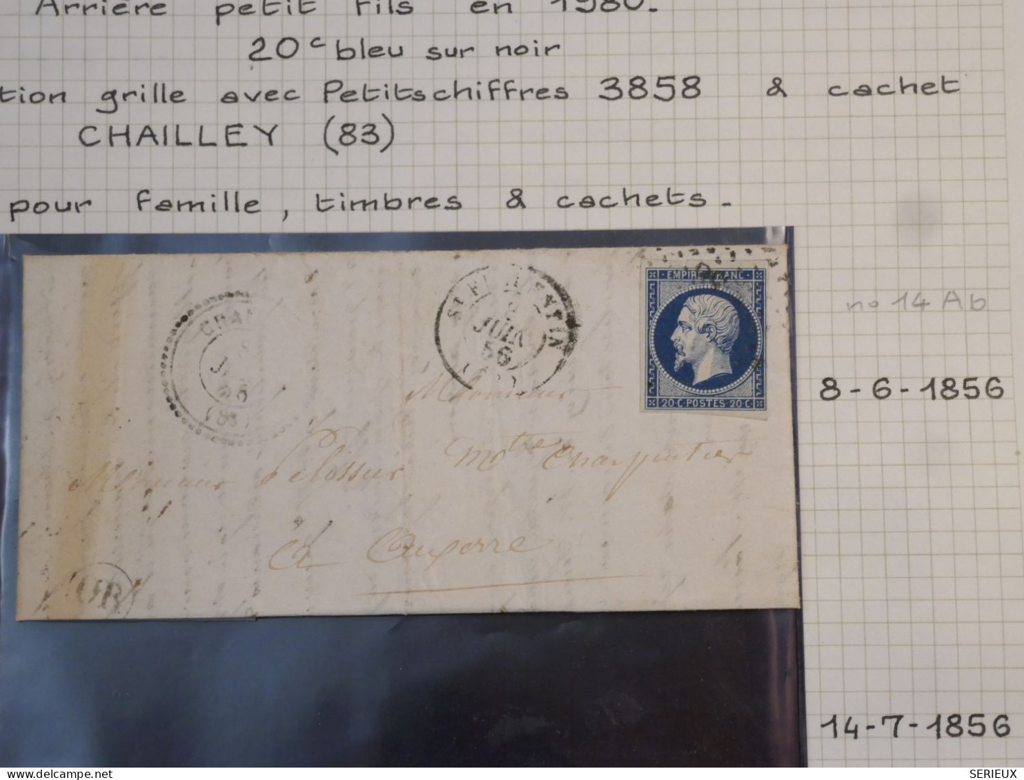 DK2 FRANCE BELLE  LETTRE FAMILLE PELISSIER 8.6.1856 PETIT BUREAU CHAILLEY + N°14 BLEU NOIR +DISPERSION DE COLLECTION+ - 1849-1876: Klassieke Periode