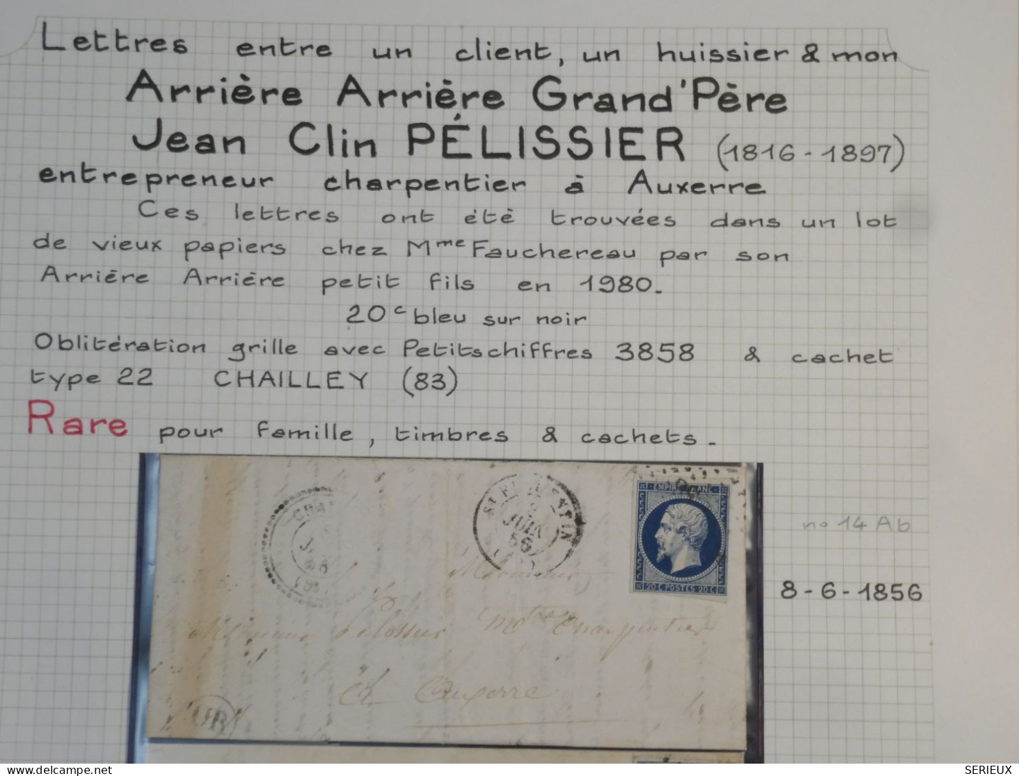 DK2 FRANCE BELLE  LETTRE FAMILLE PELISSIER 8.6.1856 PETIT BUREAU CHAILLEY + N°14 BLEU NOIR +DISPERSION DE COLLECTION+ - 1849-1876: Periodo Clásico