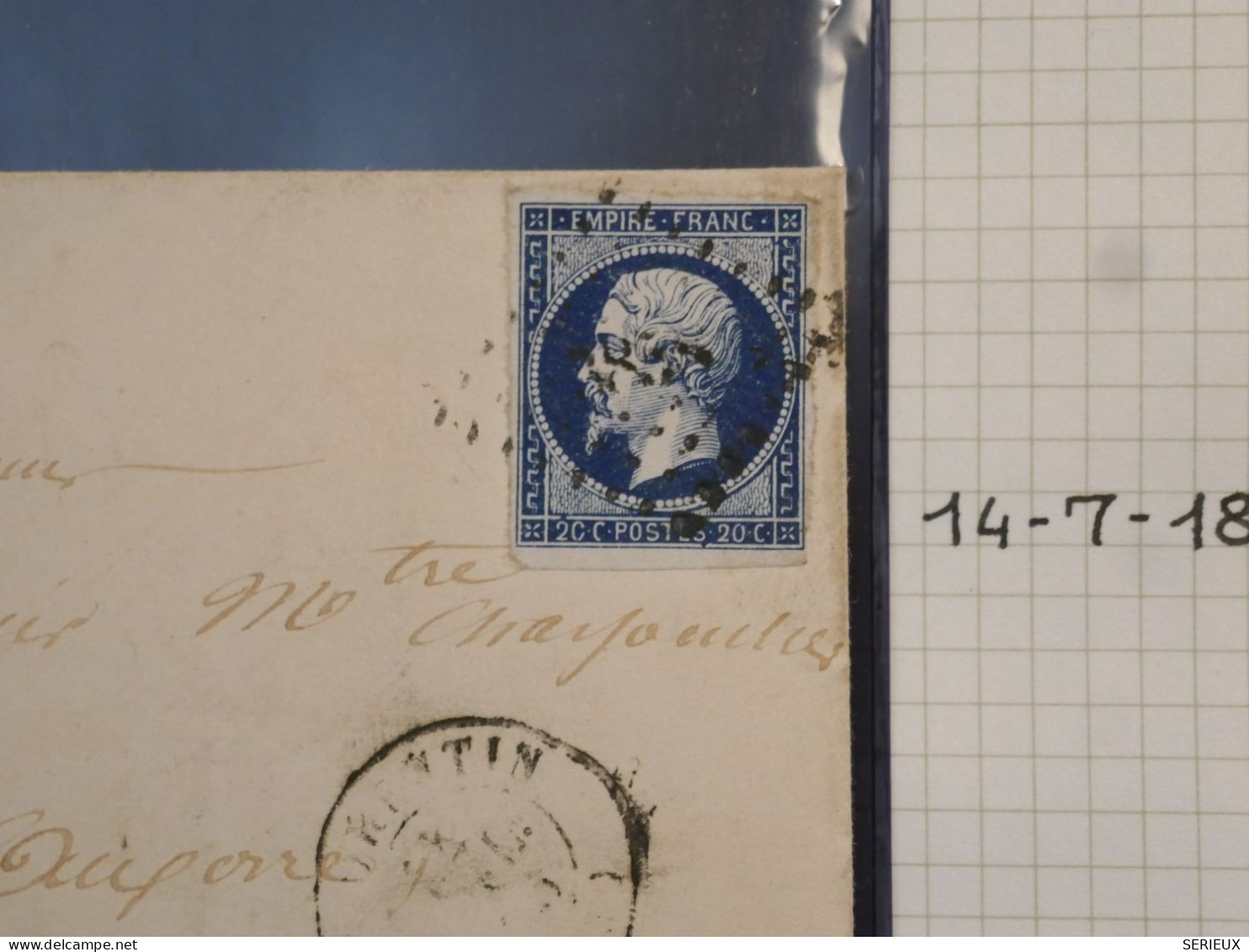 DK2 FRANCE BELLE  LETTRE FAMILLE PELISSIER 8.6.1856 PETIT BUREAU CHAILLEY + N°14 BLEU NOIR +DISPERSION DE COLLECTION+ - 1849-1876: Periodo Clásico